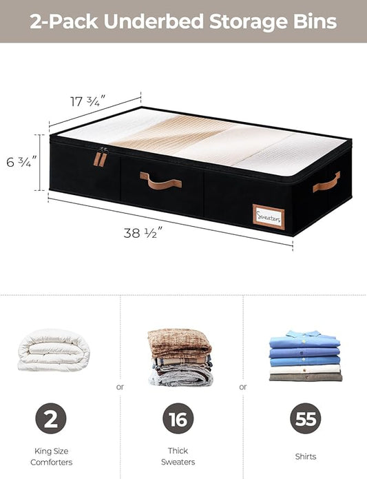 StorageWorks Extra Large Under Bed Storage Containers with Handles and Label Holder, 2 Pack Ultra-thick Fabric Underbed Bins, Closet Organizer for Clothes, Blankets, Sweater