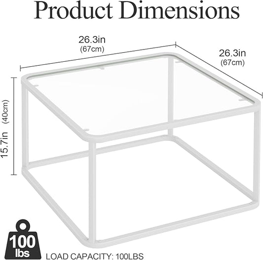 Coffee Table Glass, Minimalist Square Tables for Living Room, Modern Center Table for Office or Small Space, Sturdy Metal Frame, Easy Assembly, 26.4 x 26.4 x 15.7 Inches, White