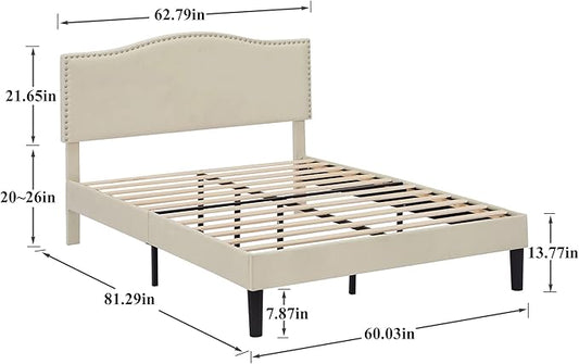VECELO Queen Bed Frame, Platform Bed Frame with Adjustable Height Upholstered Headboard, Heavy-Duty Frames and Strong Wooden Slats Support, Non-Slip and Noise-Free, Easy Assembly, Beige