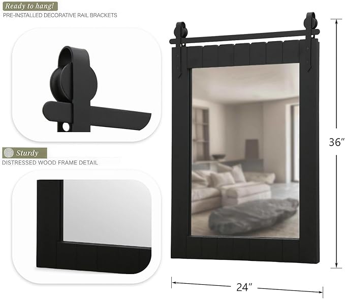 Besdomus Black Bathroom Farmhouse Mirror: 24"x36" Large Barn Door Solid Cedar Wood Frame Vanity Mirror - Wall Mounted Mirror for Entryway/Bathroom/Living Room - Rustic Home Decor for Housewife