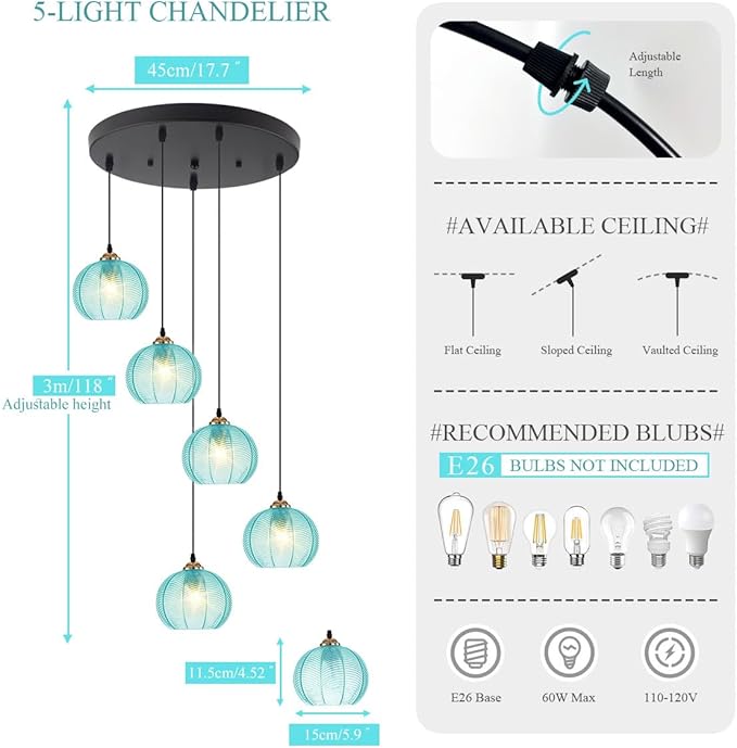 Globe Chandelier for High Ceilings 5 Light Blue Glass Cluster Pendant Light Vintage Stairwell Chandelier Lighting Adjustable Long Pendant Light for Foyer Entryway Spiral Stairwell