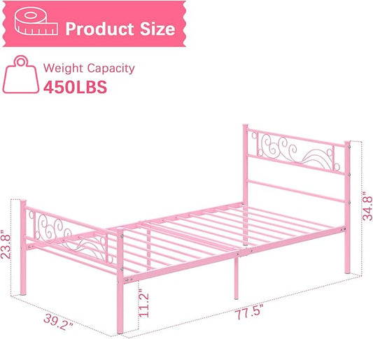 Weehom Twin Bed Frames Metal Platform Heavy Duty Steel Slat Under Bed Storage for Kids Pink