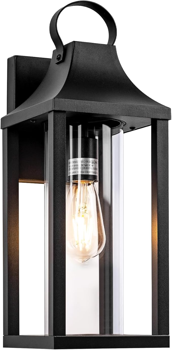 17 Inch Porch Light Large Black Outdoor Light Fixture with Cylindrical Clear Glass, IP65 Waterproof Exterior Lighting Fixture Outside Lantern for House Outdoor Wall Sconce, Matte Black