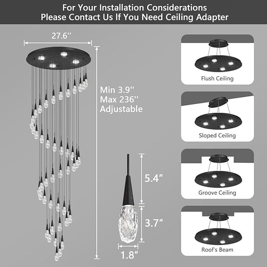 46-Lights 19 Feet Large Modern Chandelier LED Light Fixtures High Ceiling Long Light Chandelier for Entrance Foyer Dimmable Lights with Remote Living Room Ceiling Pendant Lighting Black