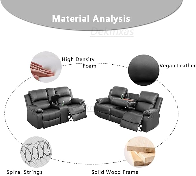 2PCS Black Recliner Sofa Set Living Room Furniture Sets Manual Reclining Couch Set Vegan Leather Loveseat and Sofa Set with Cup Holders/Storage Console for Home/Office (j-Black, Sofa+Loveseat)