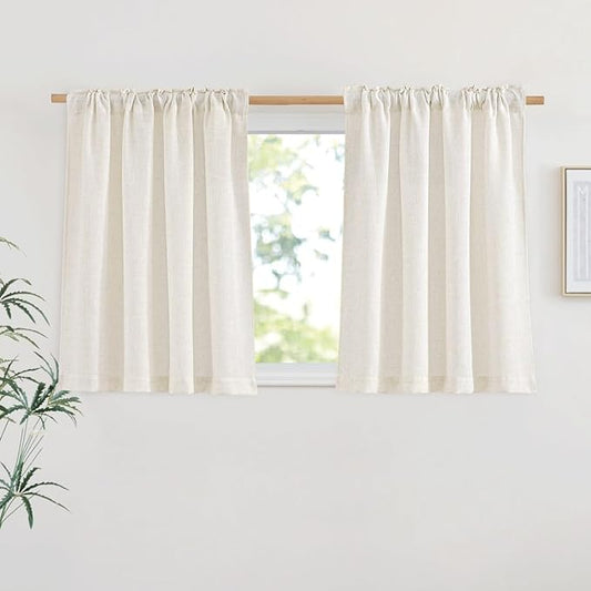 NICETOWN Linen Burlap Short Kitchen Curtains 36 inches Long, Rod Pocket & Back Tab Semi Sheer Flax Linen Weve Window Treatments Privacy with Light Filtering for Cafe, W42 x L36, 2 Panels