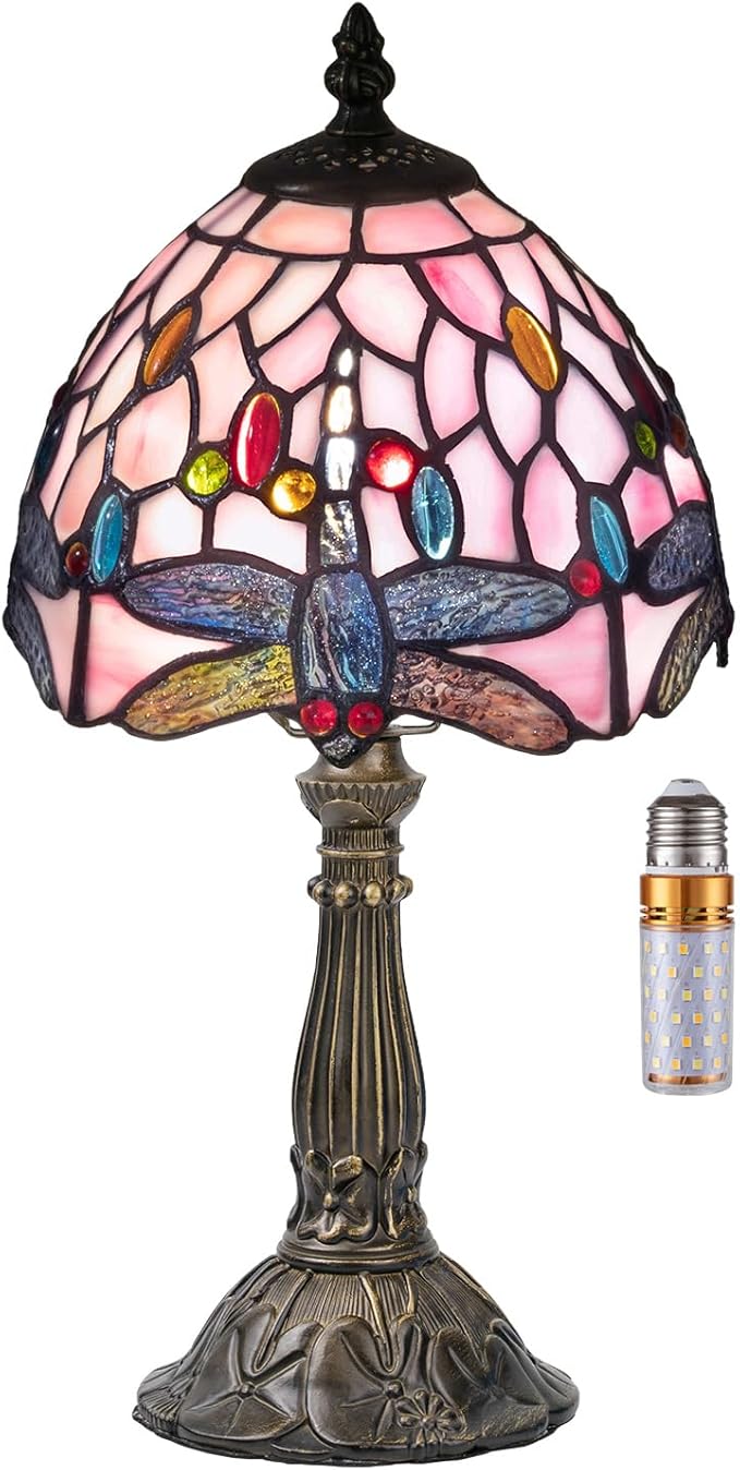 Tiffany Table Lamp,3 Color-Temperature Dragonfly Stained Glass Lamp,8 Inch Tiffany Style Lamp for Bedroom Living Room Home, Handcrafted Light, Included Bulb (Pink)