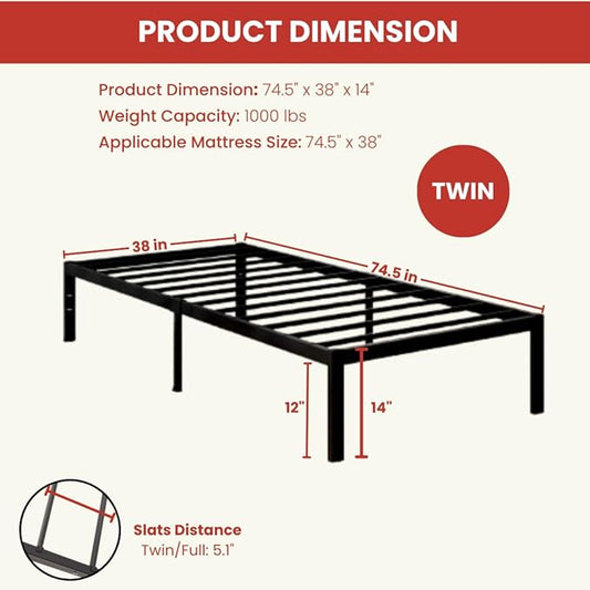 Golden Gate Beds Metal Platform Bed Frame, Heavy Duty, Sturdy Steel Mattress Foundation, No Box Spring Needed, Easy Assembly, 14 Inch Raised Base for Under Bed Storage, Bedframe for Twin Size, Black