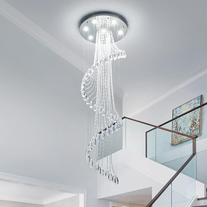 Saint Mossi 7-Lights K9 Crystal Chandelier, Raindrop Chandelier Light Fixture, Modern High Ceiling Lighting, Modern Pendant Light Flush Mount Ceiling Light Fixture,H71 x D24