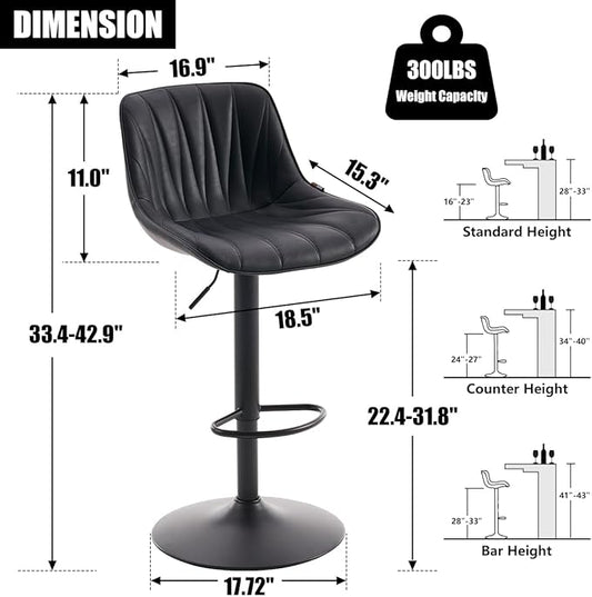 Kidol & Shellder Bar Stools Set of 2 Black Adjustable Swivel Counter Height Barstools Upholstered Modern PU Leather Bar Chairs Stools for Kitchen Island