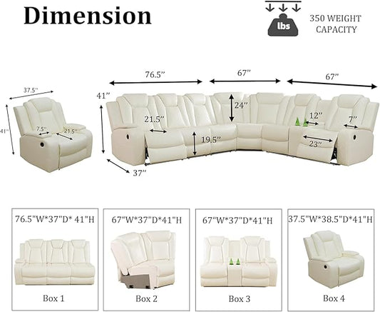 Breathing Leather Recliner Sectional Set, L Shaped Couch and Recliner Set with LED Light/Cup Holders/USB Port, Reclining Sectional Sofa 7 Seat Living Room Furniture (Cream White)