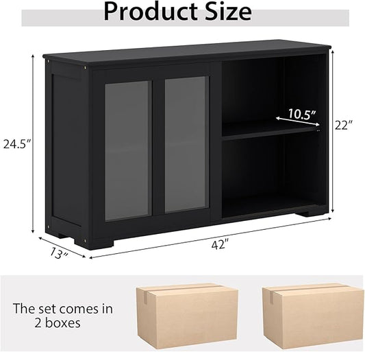 Byroce Sideboard Buffet Cabinet, Stackable Storage Coffee Bar Cabinet with Adjustable Shelf & Glass Sliding Doors, Wood Cupboard Credenza Console Table for Kitchen Dining Living Room (2, Black)