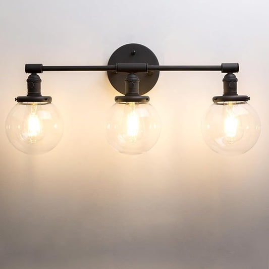 PERMO Vintage Wall Sconce Antique 3 Lights Modern Vanity Light Over Mirror Sconce with 5.9" Round Clear Glass Globe Shade (Black)