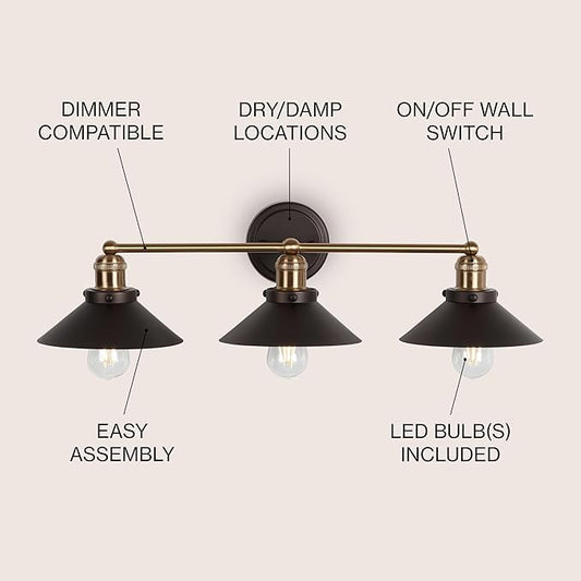 JONATHAN Y 26.5" Oil Rubbed Bronze/Brass Gold 3-Light Industrial Farmhouse Metal Vanity Light Wall Sconce, Metal Shade for Bathroom Mirror, Kitchen, Entryway, LED Bulb Included (JYL7428C)