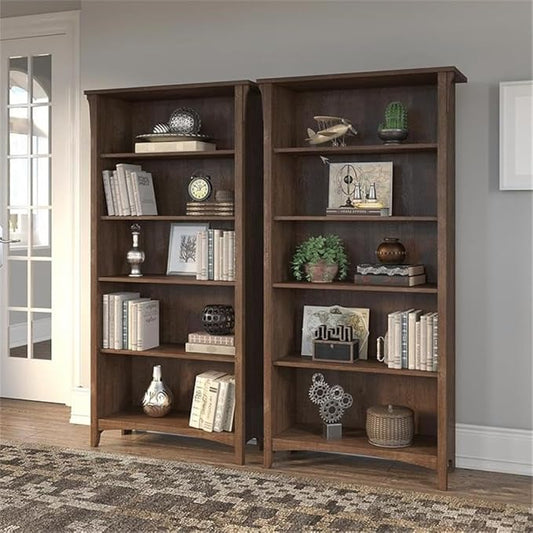 Bush Home Salinas Tall 5 Shelf Bookcase - Set of 2 in Ash Brown, Vertical Office Storage, Bookshelves for Home Workspace, Multi-Purpose Shelving Units