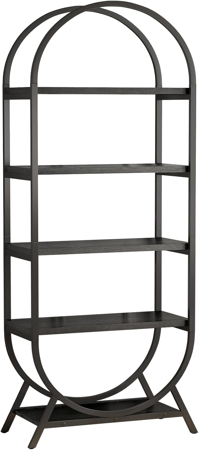 Arched Bookshelf,5-Tier Tall Wide Open Bookshelf,Modern Brown Storage Bookshelves, Freestanding Display Rack Shelving Unit for Office, Bedroom, Living Room, Easy Assembly, Black