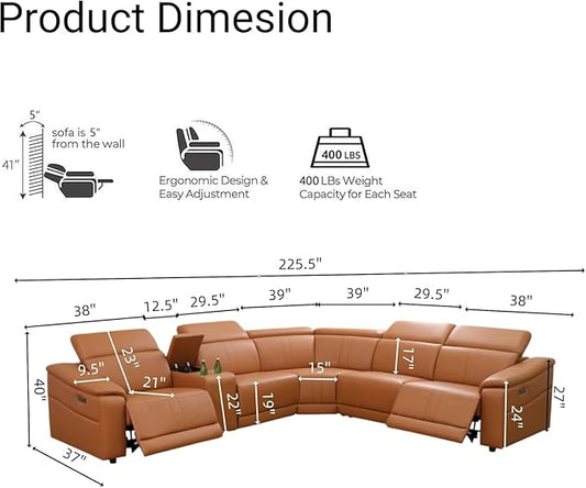 Power Recliner Sectional Sofa, L-Shaped Leather Sofa Set for Living Room, Power Reclining Sofa with USB Ports, Storage Console & Cup Holders, Breathing Leather Couch with Recliner (Orange)
