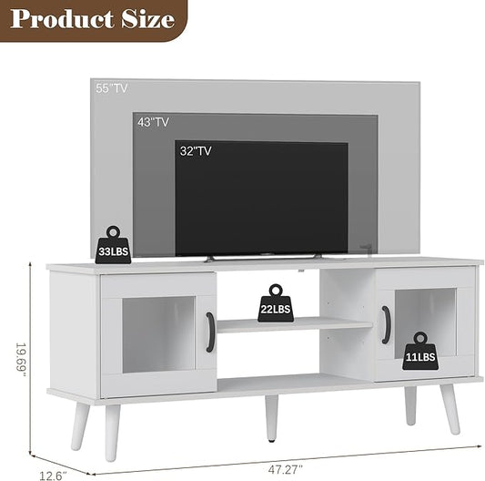 Wood TV Stand for 55 Inch TV, Mid Century Modern Entertainment Center with Adjustable Shelf, Sensor LED Light, 2 Cabinets, TV Media Console for Living Room Bedroom White