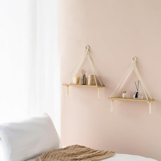 Dahey Macrame Hanging Shelf Boho Wall Decor Bedroom 2 Packs Rustic Wood Floating Shelves for Room Nursery Bathroom Living Room College Dorm Storage for Hanging Plants Photos, White