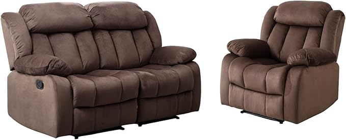 EBELLO Manual Reclining Sofa Set, Classic Recliner Sofa with Overstuffed Arms and Backrest, Include 1 Recliner Chair, 1 Loveseat Couch, Brown
