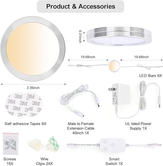 6pack LED Puck Light Kit, 2700-6000K Smart Round Under Cabinet Lighting with APP Control, Compatible with Alexa, Google Assistant, for Under Counter, Kitchen (Silver)