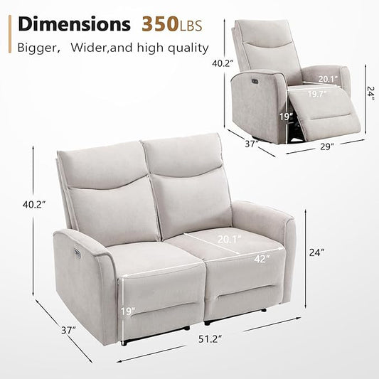 ANJ 2 Pieces Recliner Sofa Furniture Set,Include Power Swivel Recliner Chair with USB Port and 2-Seater Loveseat Reclining Couch for Living Room,Light Grey