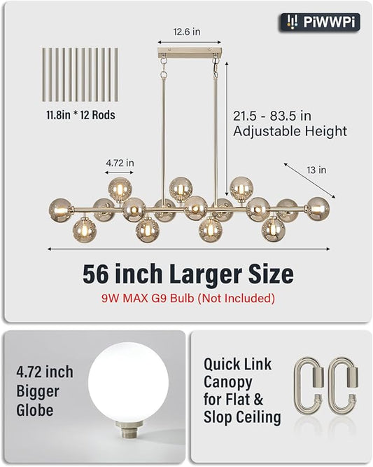 55" Long Chandeliers for Dining Room Kitchen Island, Large Globe Sputnik Linear Chandelier, 16 Lights Mid Century Modern Light Fixture Over Table, Nickel and Smoke Grey Bubble, GC-08