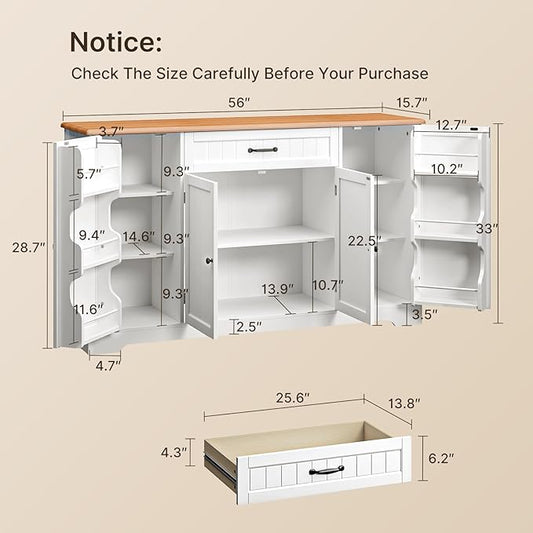 Gizoon 56" Kitchen Coffee Bar Cabinet with Storage Kitchen Sideboard Buffet Cabinet with Drawers, Short Pantry with Door and Shelves for Bathroom and Living Room, White and Rustic