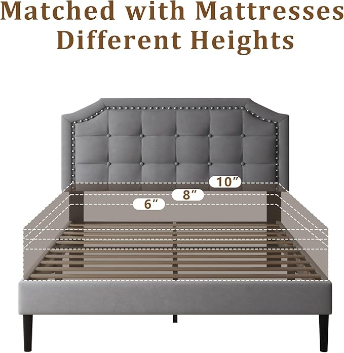 Queen Size Bed Frame, Queen Size Platform Bed Frame with Upholstered Button Tufted Headboard, Strong Wood Slats, No Box Spring Needed, Mattress Foundation, Easy Assembly Grey