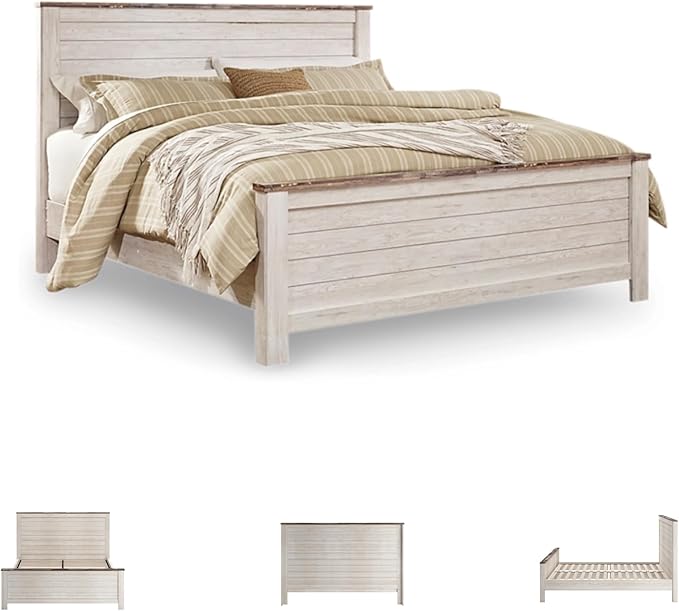 Signature Design by Ashley Willowton Casual King Panel Bed with Metal Slats, Foundation or Box Spring Needed, Whitewash