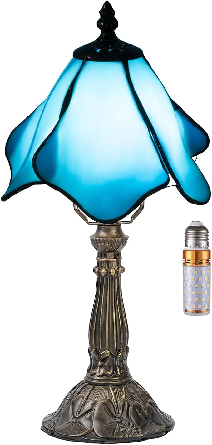 Tiffany Table Lamp,3 Color-Temperature Flowers Stained Glass Lamp,8 Inch Tiffany Style Lamp for Bedroom Living Room Home, Handcrafted Light, Included Bulb (Blue)