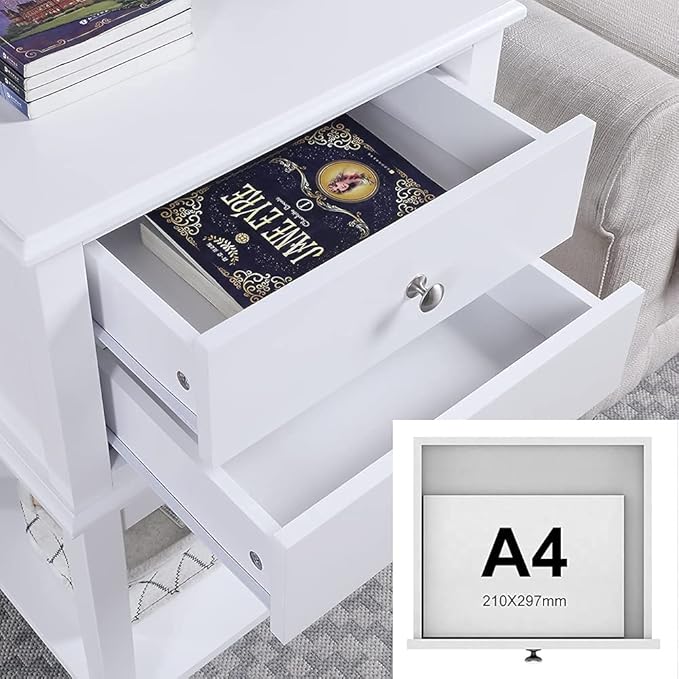 conifferism White Nightstand 2 Drawers and Storage Shelf, 28 Inch High Bedroom Night Stand, Contemporary Modern Bed Side Table, Living Room Country Cottage 19 Inch Wide End Table Metal Sliders