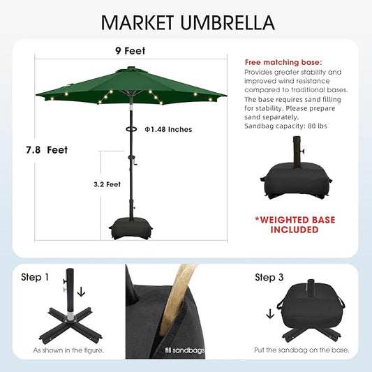 wikiwiki 9FT Solar Led Patio Umbrella with Base Included, 32 LED Lights, 8 Sturdy Ribs, Fade Resistant Waterproof POLYESTER DTY Canopy for Garden, Lawn, Deck, Backyard & Pool, Dark Green