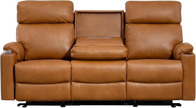 Power Reclining Sofa, Electric 3-Seat Dual Recliner Sofa with USB Ports, Cup Holders, Wall Hugger Sofa & Couch for Living Room Home Theater Apartment RV (Brown) | Drop-Down Table, Side Pocket, Extended Footrest, Breathable Material