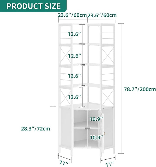 YITAHOME Corner Shelf with Door, 7-Tier Tall Bookshelf, Bookcase Cabinet with Shelves Freestanding Storage Stand for Living Room, Kitchen, White