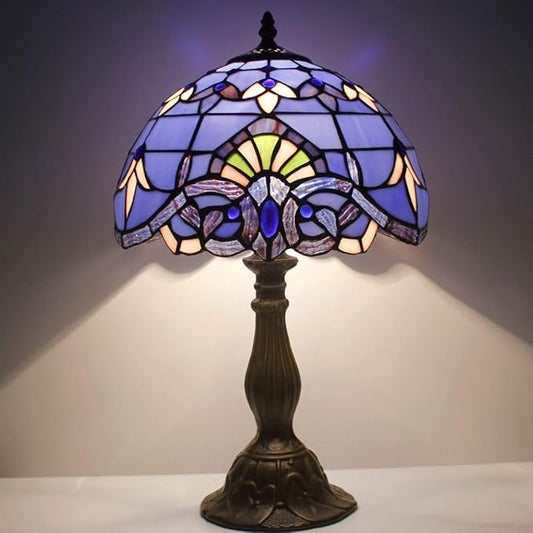 WERFACTORY Tiffany Lamp Stained Glass Table Lamp 12X12X18 Inches Blue Purple Baroque Style Lavender Bedside Reading Desk Light Decor Bedroom Living Room Home Office S003C Series