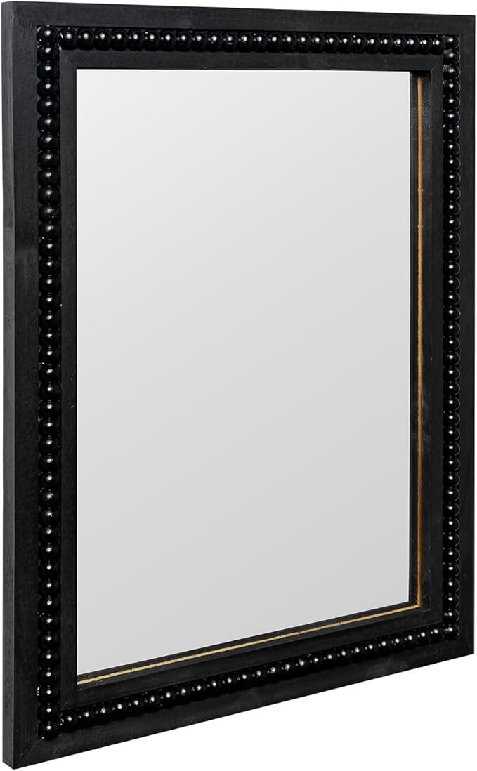 Black Wood Beaded Frame Wall Mount Mirror, 12 x 16 Inches Modern Farmhouse Real Glass Horizontal/Vertical Hanging Mirror for Bathroom, Living Room, Entryway