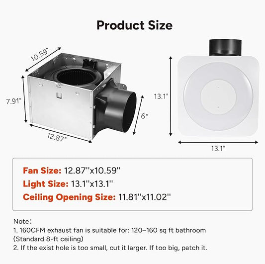OREiN 3-in-1 Bathroom Exhaust Fan with Light & Humidity Sensor, 160 CFM, 1.0 Sone, Auto-On at 60% Humidity, 1500LM, 3000K/4000K/5000K, Night Light, ETL & FCC Certified, Ceiling Opening 11.81''x11.02''