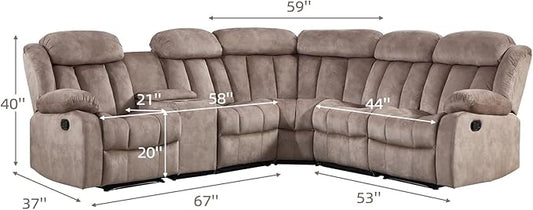 EBELLO Manual Reclining L-Shaped Sectional Sofa Set, Soft Fabric Corner Couch with Center Console, Cup Holders and Storage – Perfect Living Room Home Set Furniture, Light Brown