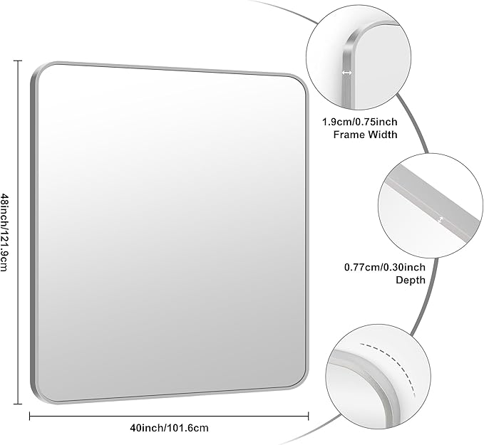 KOCUUY Silver Bathroom Mirror, 40x48 Inch Large Bathroom Mirror for Over Sink, HD Tempered Glass, Anti-Rust Brushed Silver Frame, Rounded Corner Modern Design for Bathroom, Hang Horizontal/Vertical