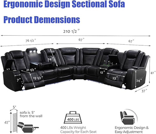 Power Reclining Sectional Sofa with Chair, Electric Recliner Sectional Sofa, Black Leather Power Recliner Couch, High-Density Rebound Sponge, Read Lights, USB Type C Charging for Living Room