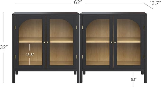 Nathan James Mason Storage Cabinet Accent Sideboard Buffet Credenza TV Stand with Glass Doors and Adjustable Shelf in Black Wood for Dining Room, Entryway and Living Room, Clear Glass/Black, Set of 2