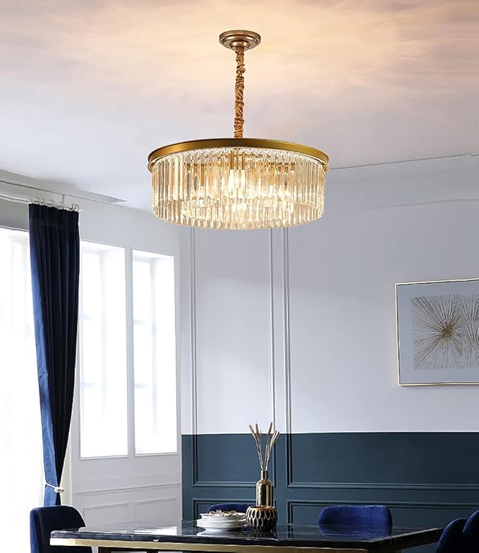Gold Modern Crystal Chandelier Lighting Semi Flush Mount Ceiling Light Fixture 2-Tier K9 Crystal Hanging Pendant Light for Dining Room Kitchen Island Living Room Bedroom Hallway 21.6inch