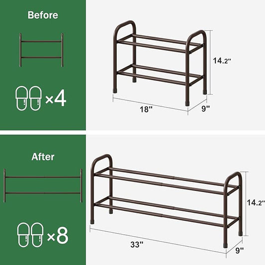 Expandable Shoe Rack, 2-Tier Shoe Shelf for Closet, Adjustable Length Shoe Shelf Storage Organizer, Standing Shoe Rack for Entryway