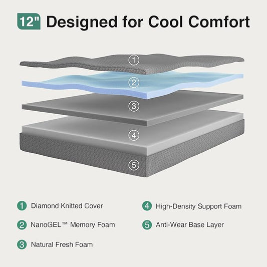 Novilla Queen Mattress 12 Inch, Queen Memory Foam Mattress for Cool Night Sleep & Pressure Relief, Thermally Balanced Foam Mattresses for Heat Dissipation, CertiPUR-US Certified Mattresses in a Box