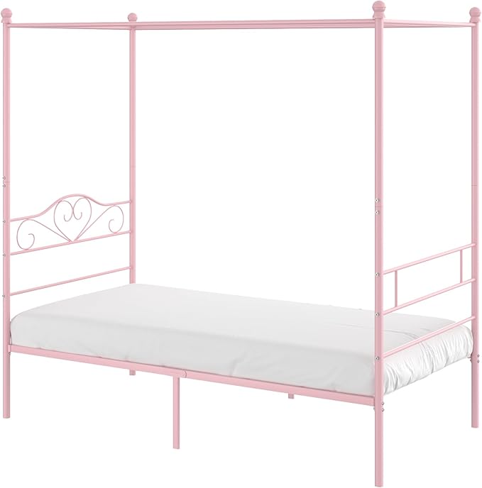 VECELO Twin Canopy Bed Frame with Headboard and Footboard, Metal Four Posters Design, Mattress Foundation Platform with Steel Slats Support, Underbed Storage Space, No Box Spring Needed, Pink