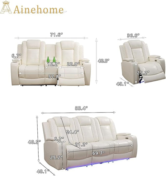 A Ainehome Power Leather Recliner Sofa Set with LED Lights, Recliner Sofa Sectional Couches for Living Room, Reclining Sofa and loveseat with USB Port/Storage Console(Creamy White,3-Piece Set)