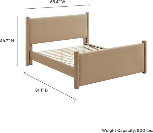 Modway Rael Full Platform Bed Frame with Upholstered Headboard and Footboard in Taupe – Stain-Resistant Performance Velvet Full Size Bed with Rounded Posts