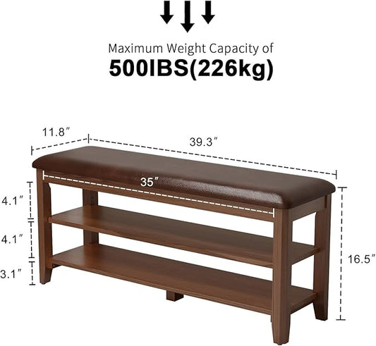 AQIMUELE Wood Shoe Rack Bench for Entryway, Shoe Rack for Front Door Entrance with Leather Cushion, 2 Tier Shoe Bench with Shoe Storage for Entryway, Bedroom.