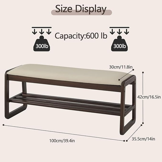 Shoe Rack Bench,2 Tier Wooden Entryway Bench with Shoe Storage, Shoe Rack with Cushion for Living Room, Hallway(Pu Beige, 39.4")
